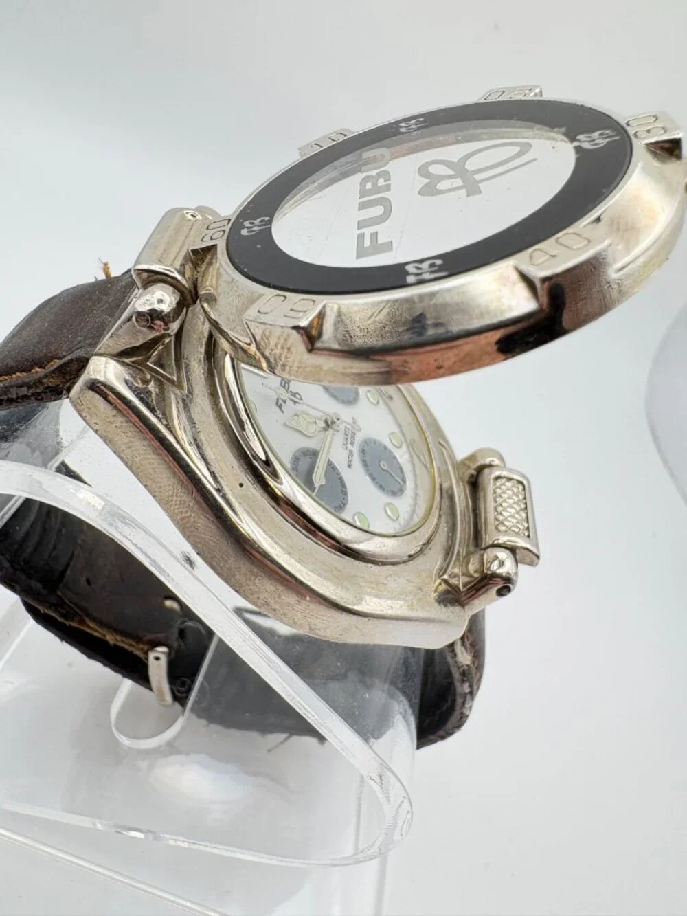 Vintage FUBU Mens Quartz Watch Hinged Flip Cover Silver Tone Leather Band Works